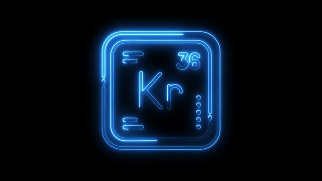 Krypton element symbol animation glowing neon style displayed on black background chemical element graphic