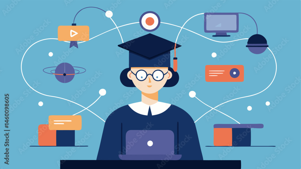 Poster student in a virtual classroom a focused student sitting at a hightech desk surrounded by floating s