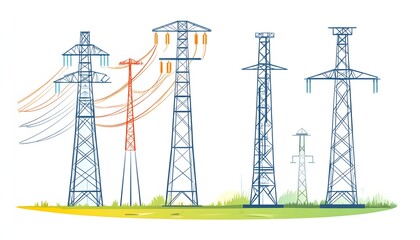 Set of high voltage electrical towers. Color flat of power line network isolated on white background