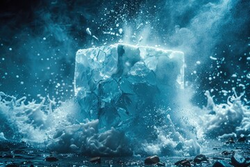 Fototapeta premium Powerful icy cube explosion in a dramatic scene.
