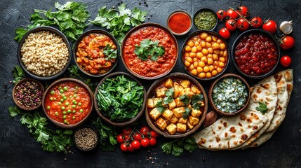Assorted Indian dishes including curries, rice, naan, and vegetables.