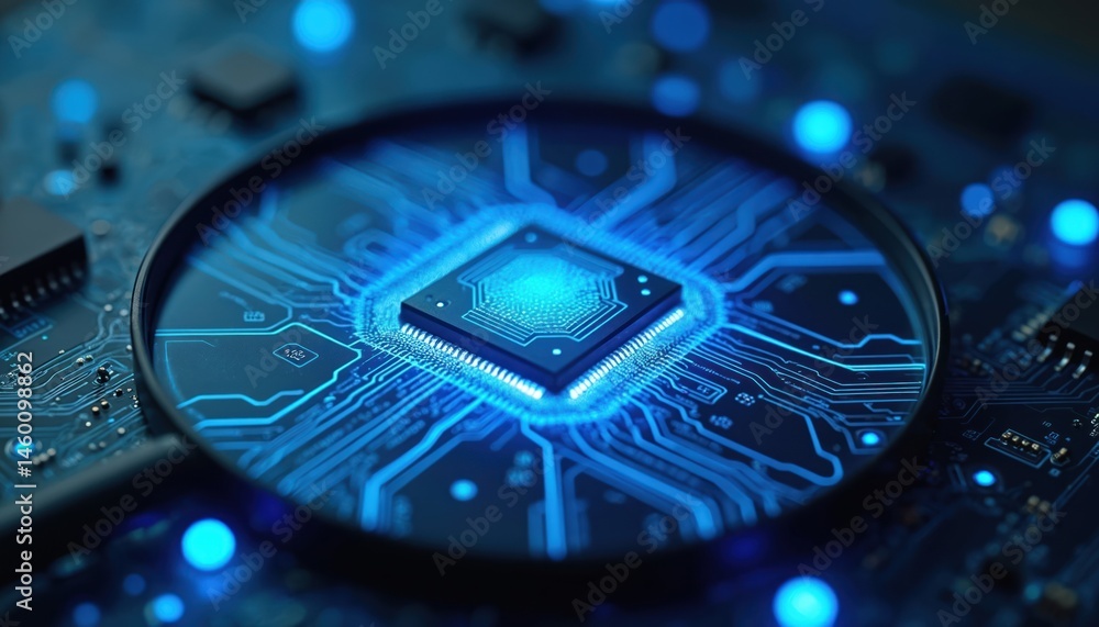 Poster magnified view of photonic integrated circuit glowing blue. technology, innovation, electronic compo