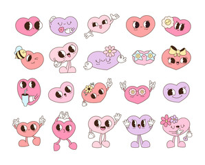 Groovy retro heart cartoon characters for valentine cards with flowers, glasses, bows, emotions, smiles, coffee, dancing, gestures and love