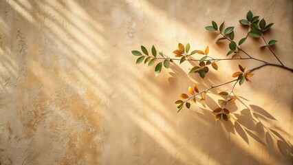 Sunbeams illuminate a branch with green and brown leaves casting delicate shadows against a textured, beige wall.