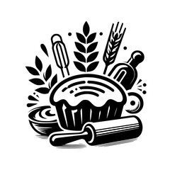 Monochrome Baking Icon Set: Cupcake, Wheat, Rolling Pin