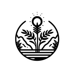 Minimalist Nature Emblem: Sun, Plants & Landscape. Black & White Line Art.