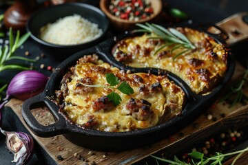 eggplants stuffed with meat and au gratin with cheese on wooden board with spices