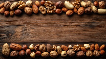 Assorted nuts border on rustic wood. (1)