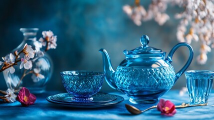 Fototapeta premium Elegant blue tea set with cherry blossoms for vintage still life drink ceremony delicate classic
