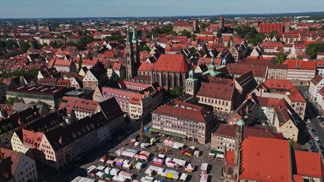 Aerial drone view of St. Sebald Church (Sebalduskirche) in N&uuml;rnberg, Germany