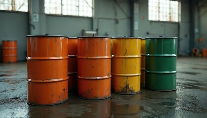 Warehouse storage featuring colorful barrels with hazardous liquid waste. Orange, yellow, green drums. Industrial storage of dangerous chemicals. Environmental pollution issues.