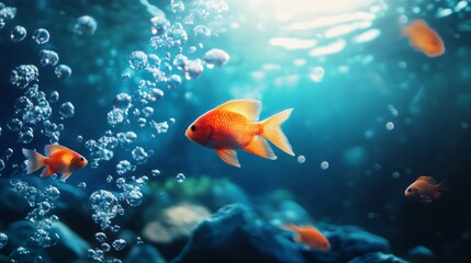 Goldfish swimming with bubbles underwater for aquarium aquatic life freedom motion peaceful environment pets