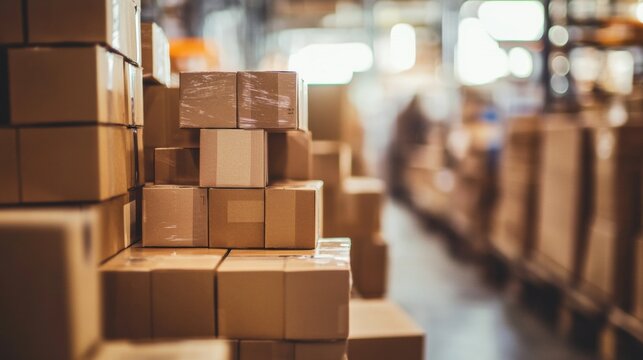Warehouse with stacked cardboard boxes for shipping delivery logistics storage industry brown packages e-commerce