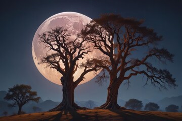 Ancient trees stand sentinel under a luminous moon, casting long shadows , night, fauna, luminescent