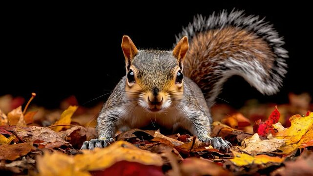 Gray squirrel amidst colorful autumn leaves.