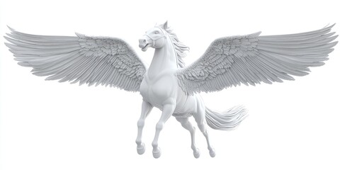 Obraz premium Majestic White Pegasus in Flight: A 3D Render of a Mythological Creature with Wings Spread Wide Against a Pure White Background