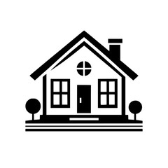 Simple Black and White House Icon with Trees