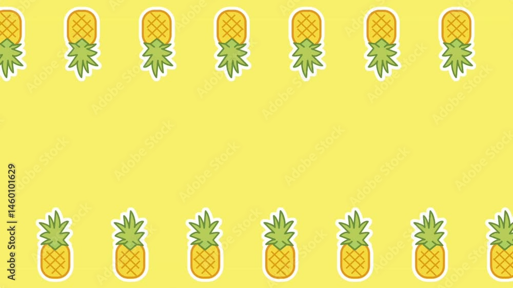 Poster two horizontal rows of pineapples and greens on a white background, providing a clean and decorative