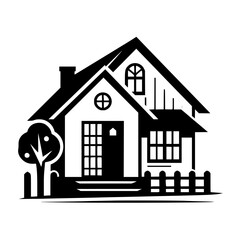 Charming Black and White House Illustration: Home, Real Estate, or Icon