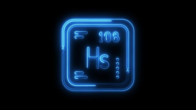 Hassium element neon style display on black background scientific element atomic number 108