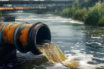 Fototapeta premium Environmental pollution problems. Discharge of wastewater and chemicals into rivers from industrial. Industrial pipe discharging chemical waste into a river.