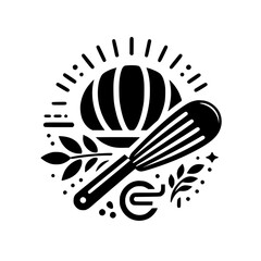 Whimsical Baking Logo: Pumpkin, Whisk, Foliage, and Start Symbol