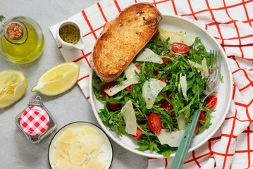 Arugula, Cherry Tomato and Parmesan Salad.top veiw