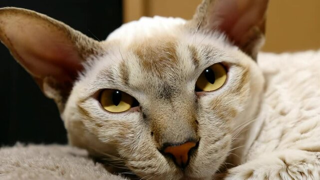Close-up of a sleepy-eyed Cornish Rex cat resting its head with yellow eyes looking into the camera