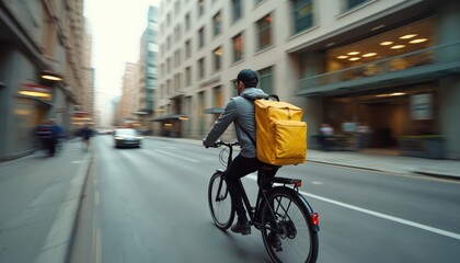 Fototapeta premium Courier rides bicycle city street with yellow insulated delivery bag. Online order fulfillment service concept. Fast food, grocery, document express delivery concept. Sustainable transport for urban
