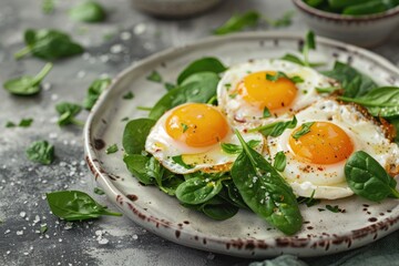 Manchego cheese and spinach served with sunny side up fried eggs and crispy toast on white plate