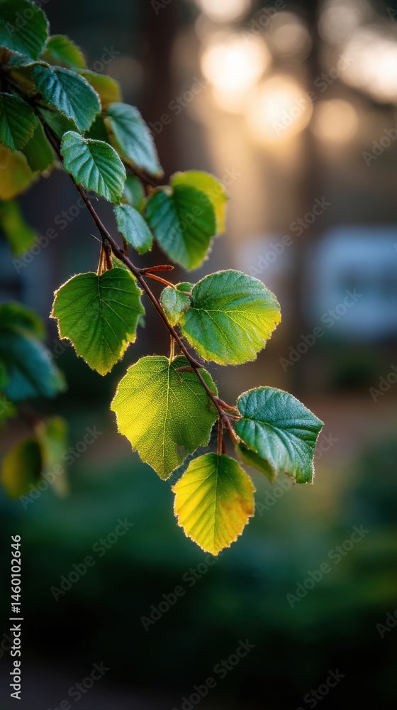 Poster green leaves on a branch backlit by golden sunlight in a forest setting in warm nature light creatin