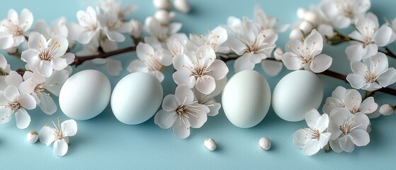 Pastel eggs nestled amongst delicate white blossoms on a light blue background. Springtime scene