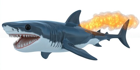 Fototapeta premium A Fiery Fast Shark: 3D Render of a Great White Shark with a Flaming Jet Propulsion System