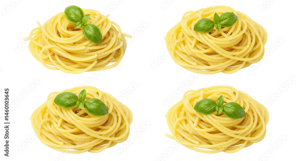 Aufkleber four plates of spaghetti nests topped with fresh basil leaves arranged in a square pattern on white 