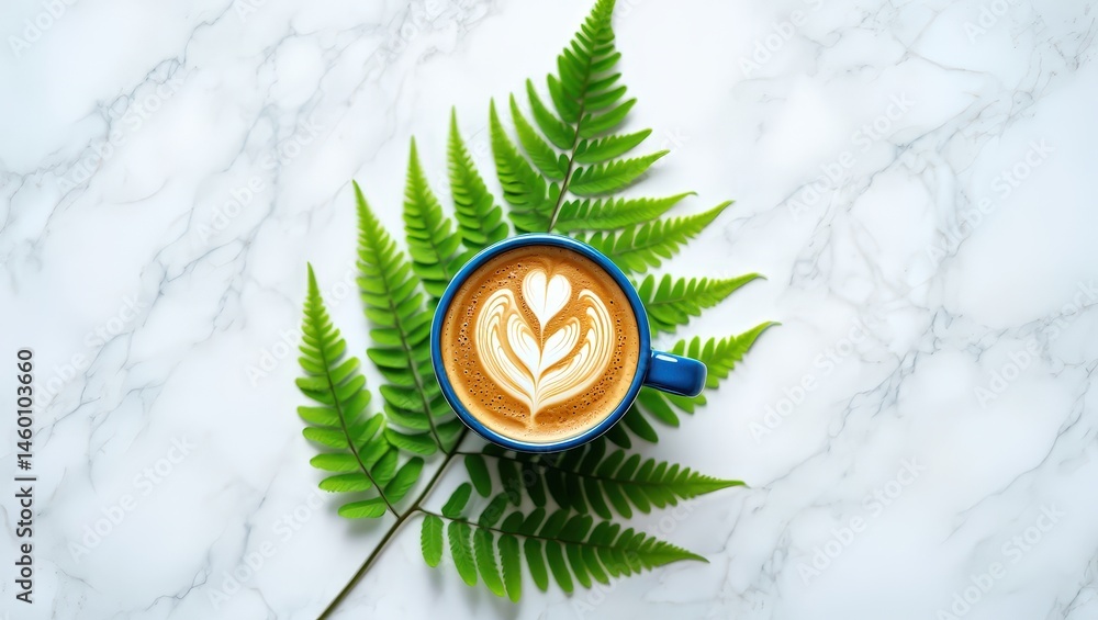 Poster a cup of coffee with latte art on a table surrounded by greenery.