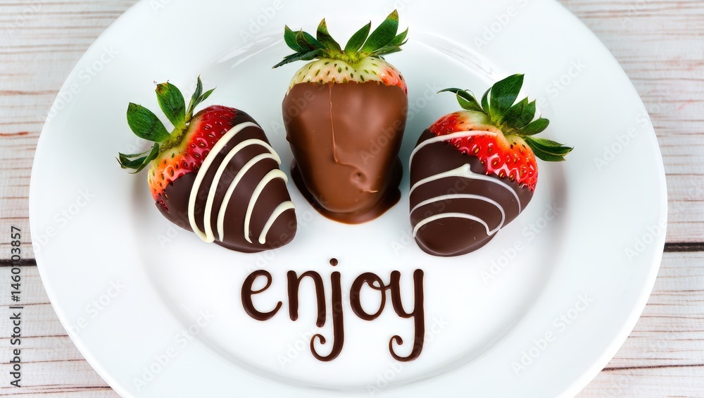 Poster a plate with two chocolate-covered strawberries on it, accompanied by the word enjoy written in icin