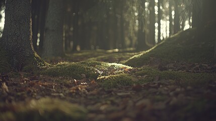 Sunlit forest floor, moss-covered roots, tranquil scene.