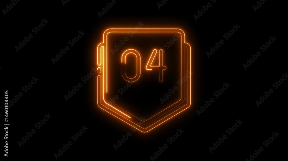 Poster glowing neon shield with number four animation on black background for technology design