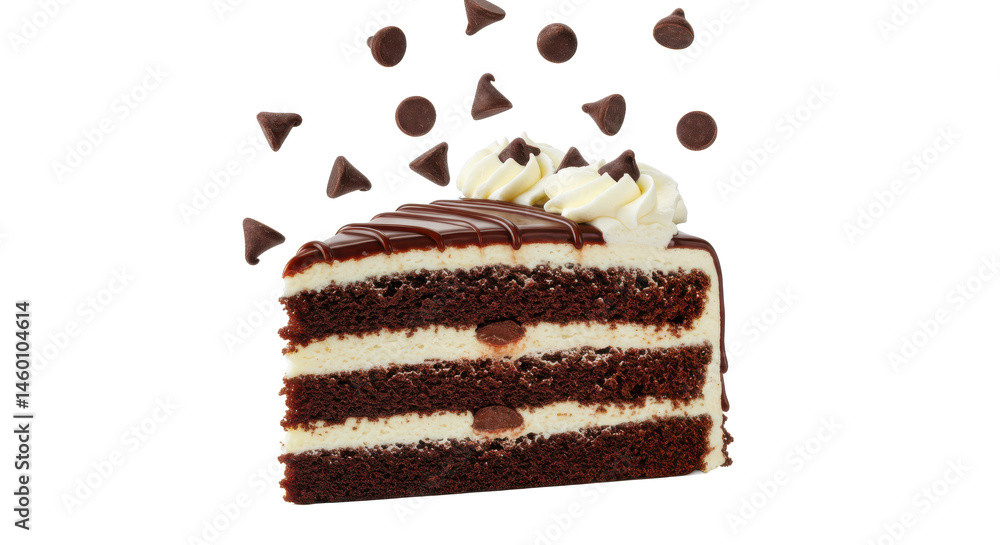 Poster a slice of chocolate cake with white frosting and chocolate chips on a decorative background pattern