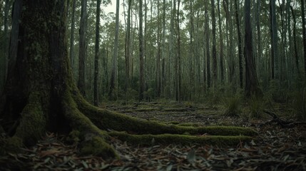 Obraz premium Mysterious forest floor with mossy roots.