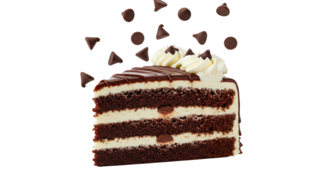 A slice of chocolate cake with white frosting and chocolate chips on a decorative background pattern view