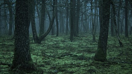 Obraz premium Mysterious, misty forest scene with mossy ground.