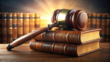 A wooden gavel rests atop two antique leather bound law books on a wooden table, with a shelf of books in the background.