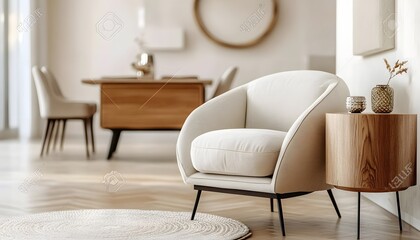 Stylish compositon of modern living room interior with frotte armchair, wooden commode, side table and elegant home accessories. Home staging. Template. , mirroring soft innovation