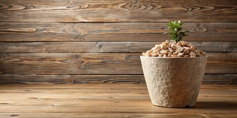 A small plant sprouting from a pot filled with decorative pebbles sits on a wooden surface, with a rustic wood background.