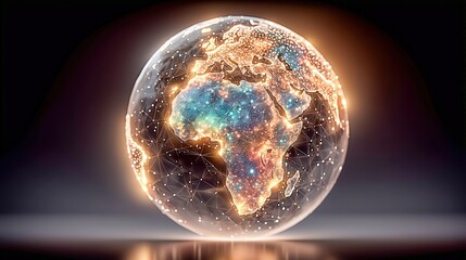 Naklejka premium 3D globe with interconnected lines and illuminated Africa.
