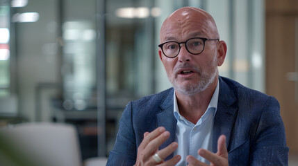 Middle aged man with glasses in blue blazer gesturing with hands in office setting