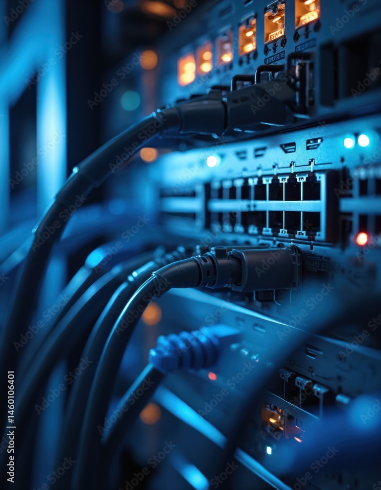 Leinwandbilder close-up of network cables connected to switch in data center. modern technology server rack hardwar
