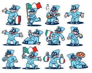 puffin set characters naples italy logo mascot cartoon retro