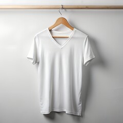 white v neck t shirt on wooden hanger on white background